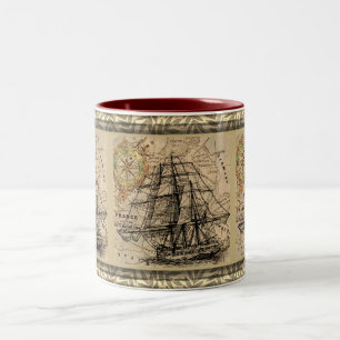 Vintage Ship And Map Two-Tone Coffee Mug