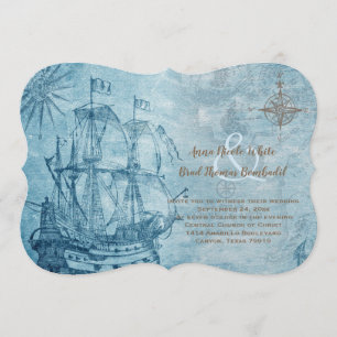 Vintage Ship Blue Nautical Wedding Invitation