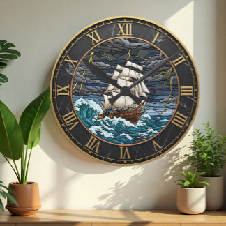 Vintage Ship Clock, Stormy Sea, Marble, Nautical Round Clock