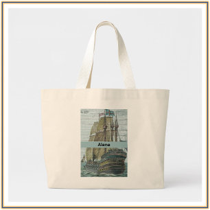 Vintage Ship Illustration Sailing Theme Large Tote Bag