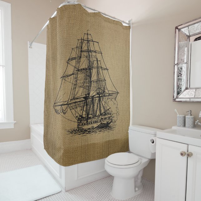 Vintage Ship on Rustic faux burlap Shower Curtain (In Situ)