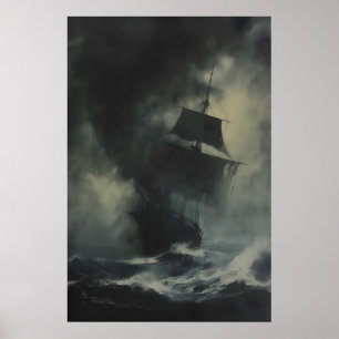 Vintage Ship Sea Waves Painting, Pirate Ship Art Poster