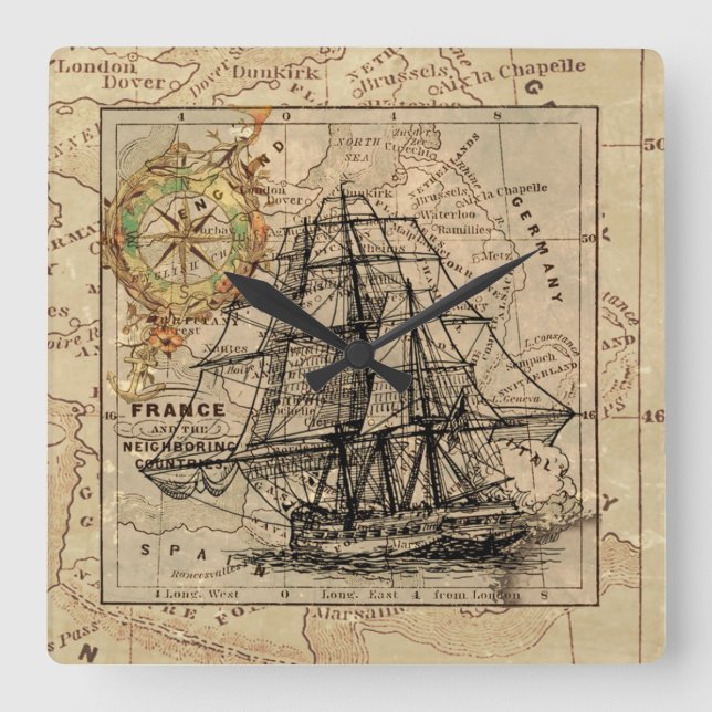 Vintage Ship Square Wall Clock (Front)