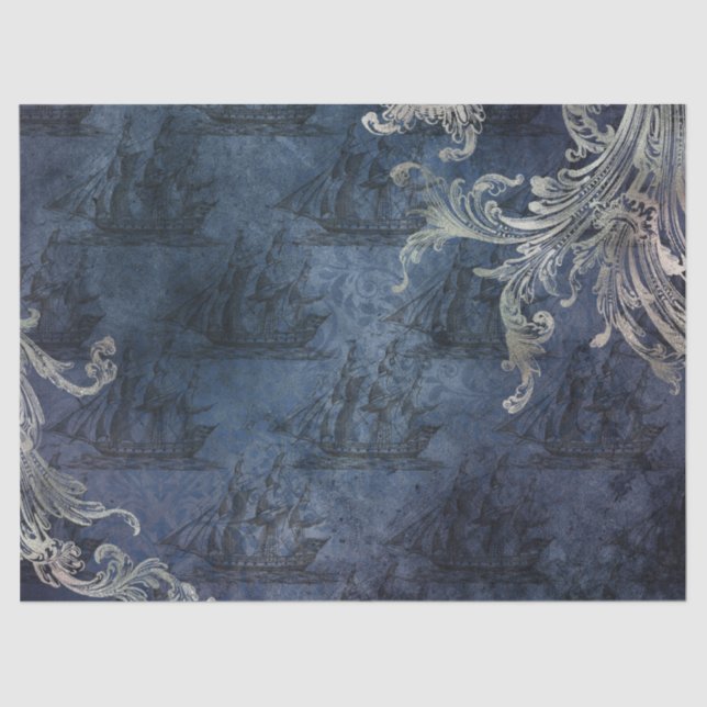Vintage Ships on Blue Decoupage Tissue Paper (Front)