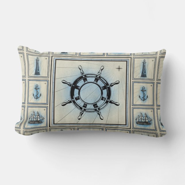Vintage Ship's Wheel Collage Pattern Lumbar Cushion (Front)