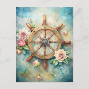 Vintage Ship's Wheel Pink Cream Roses Ocean  Postcard