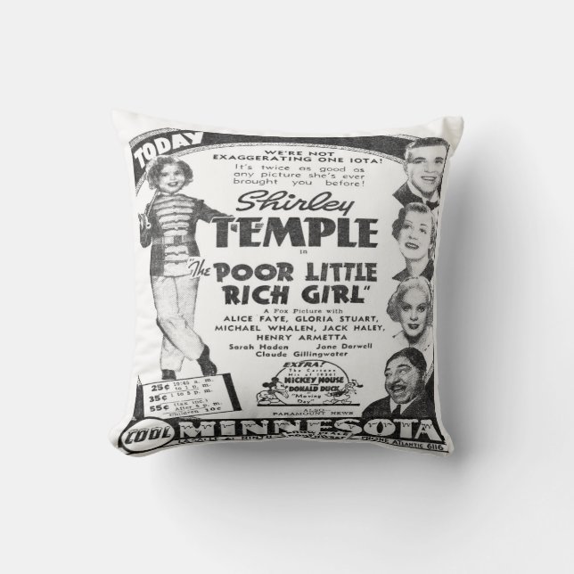 Vintage Shirley Temple Film Advert Throw Pillow (Front)