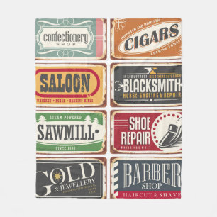 Vintage shop posters collection. Retro store tin s Fleece Blanket
