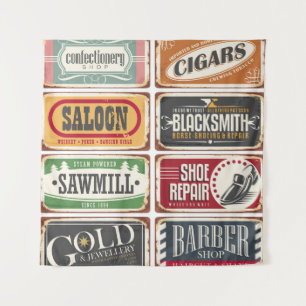 Vintage shop posters collection. Retro store tin s Tapestry