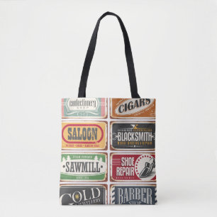 Vintage shop posters collection. Retro store tin s Tote Bag