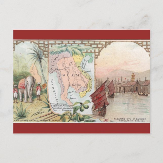 Vintage Siam Thailand Map Postcard (Front)
