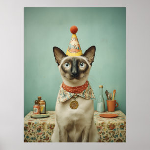 Vintage Siamese Cat with Party Hat Portrait Poster