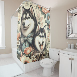 Vintage Siberian Husky  Illustration Shower Curtain