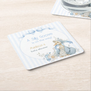 Vintage Silly Goose Pastel Blue Girl Baby Shower Square Paper Coaster