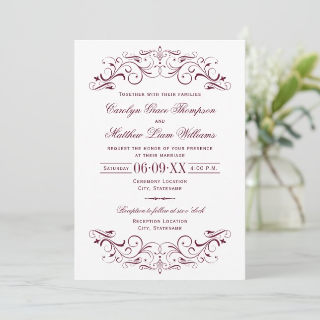 Vintage Silver and Maroon Flourish Wedding Invitation (Standing Front)