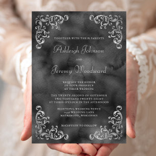 Vintage Silver Black Watercolor Wedding Invitation