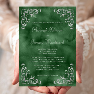 Vintage Silver Emerald Green Watercolor Wedding Invitation