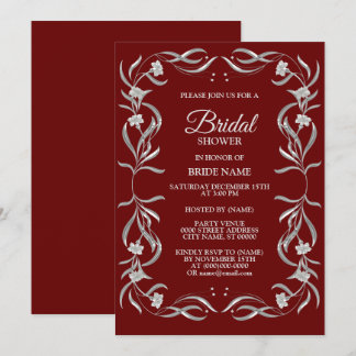 Vintage Silver Floral Pattern Red Bridal Shower Invitation