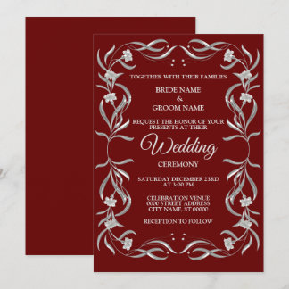 Vintage Silver Floral Pattern Red Elegant Wedding Invitation