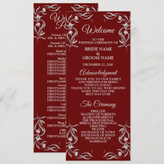 Vintage Silver Floral Pattern Red Elegant Wedding Program