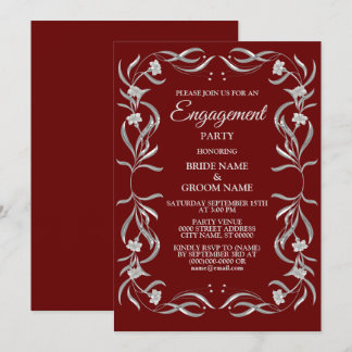 Vintage Silver Floral Pattern Red Engagement Party Invitation