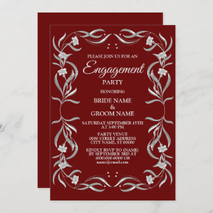 Vintage Silver Floral Pattern Red Engagement Party Invitation