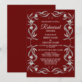 Vintage Silver Floral Pattern Red Rehearsal Dinner Invitation
