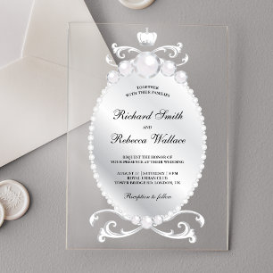 Vintage Silver Gemstone Pearl Wedding Acrylic Invitations