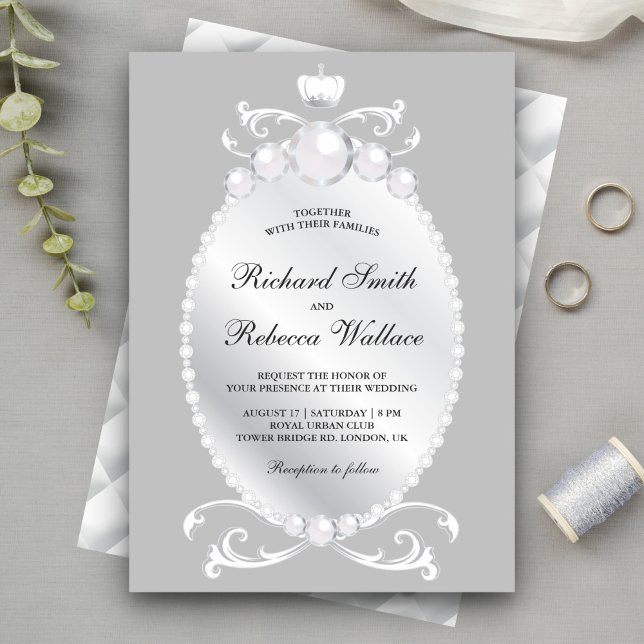 Vintage Silver Gemstone Pearl Wedding Invitation (Creator Uploaded)