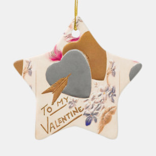 Vintage Silver & Gold Hearts Valentine Postcard Ceramic Ornament