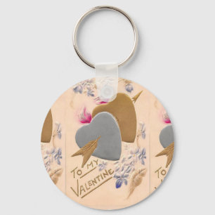 Vintage Silver & Gold Hearts Valentine Postcard Key Ring