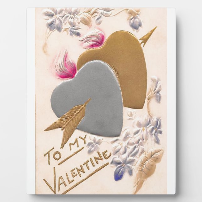 Vintage Silver & Gold Hearts Valentine Postcard Plaque (Front)