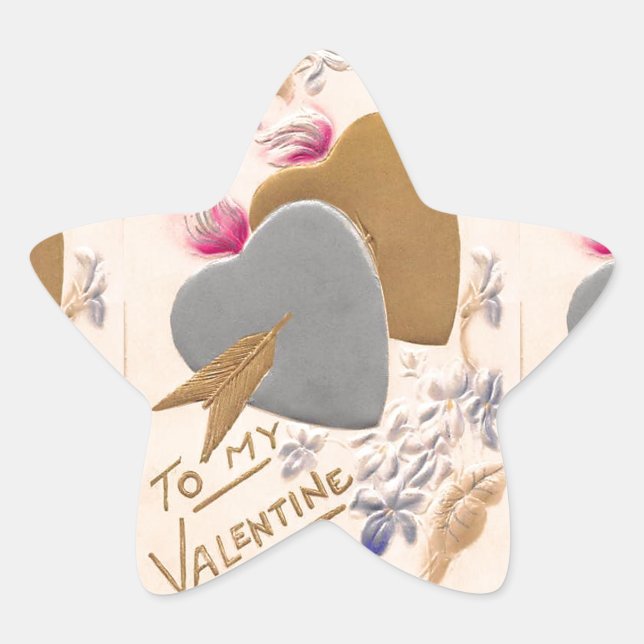 Vintage Silver & Gold Hearts Valentine Postcard Star Sticker (Front)
