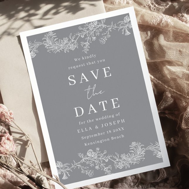 Vintage Silver Grey & White Wedding Save The Date (Creator Uploaded)