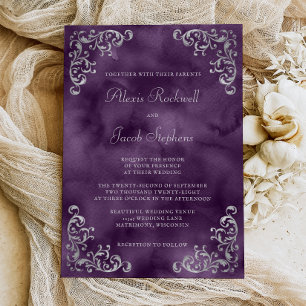 Vintage Silver Purple Watercolor Wedding Invitation