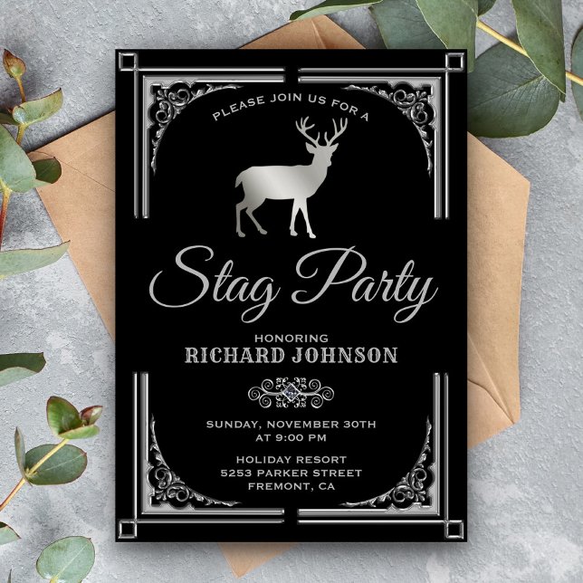 Vintage Silver Stag Bachelor Party Invitation (Creator Uploaded)
