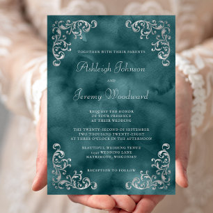 Vintage Silver Teal Blue Watercolor Wedding Invitation