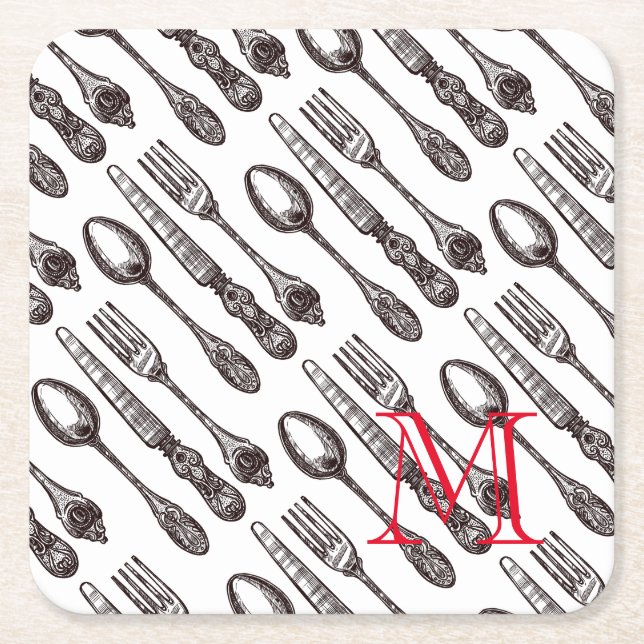 Vintage Silverware Classic Foodie Initial Square Paper Coaster (Front)