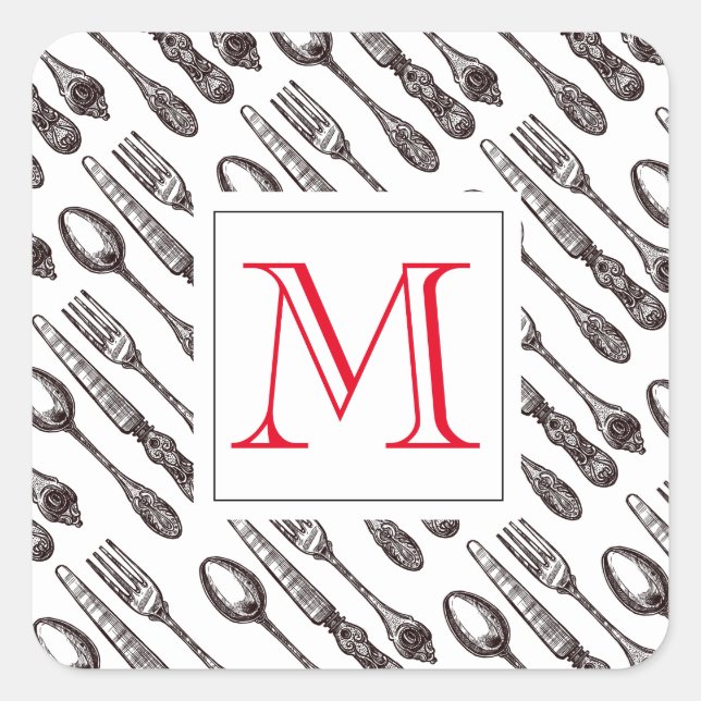 Vintage Silverware Classic Foodie Initial Square Sticker (Front)