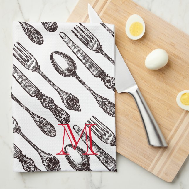 Vintage Silverware Classic Foodie Initial Tea Towel (Quarter Fold)