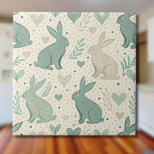 Vintage Simple Bunny Silhouettes Hearts Pattern Ceramic Tile