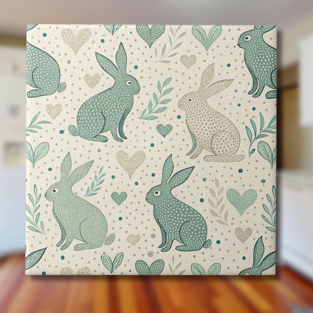 Vintage Simple Bunny Silhouettes Hearts Pattern Ceramic Tile (Creator Uploaded)