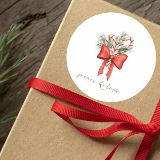 Vintage Simple Candy Cane Bow Peace Love Christmas Classic Round Sticker