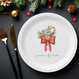 Vintage Simple Candy Cane Bow Peace Love Christmas Paper Plate