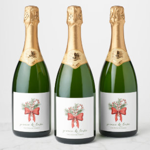 Vintage Simple Candy Cane Bow Peace Love Christmas Sparkling Wine Label