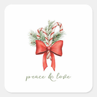Vintage Simple Candy Cane Bow Peace Love Christmas Square Sticker