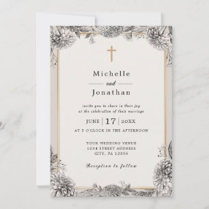 Vintage Simple Floral Christian Cross Wedding Invitation