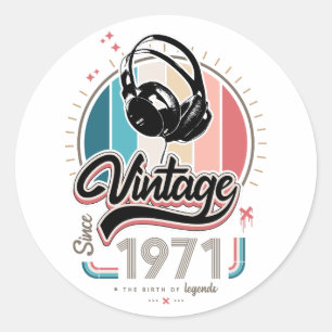 Vintage since 1971 headphones classic round sticker
