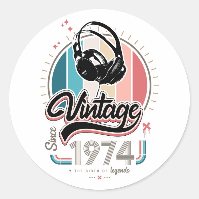 Vintage since 1974 headphones classic round sticker (Front)
