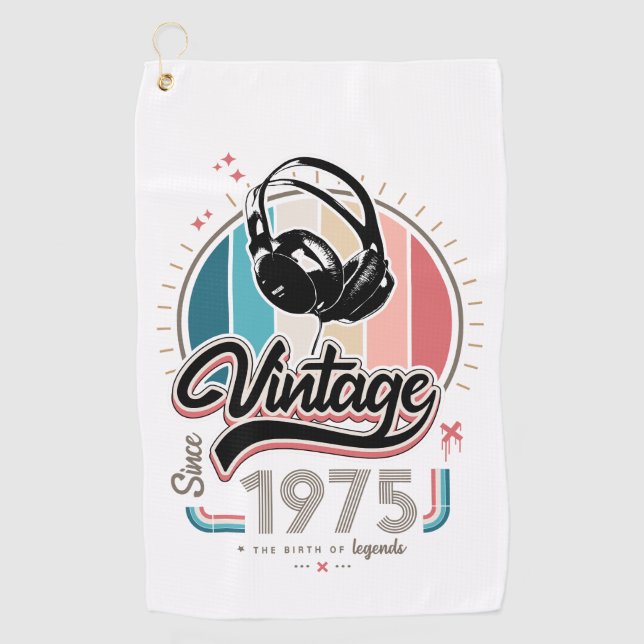 Vintage since 1975 headphones golf towel (Front)